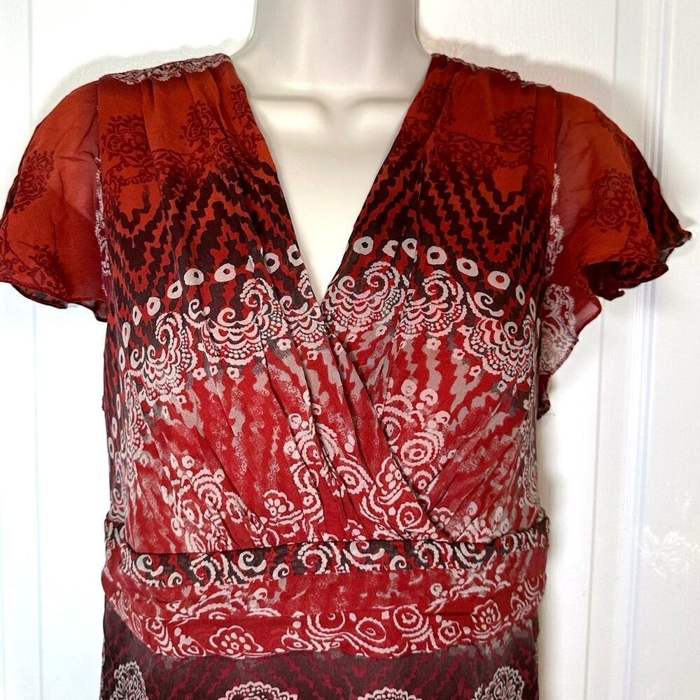 Coldwater Creek 100% Silk Dress Midi Dress Sz 14 flutter sleeve Red Orange Boho - Picture 2 of 4